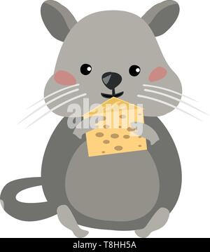 Un grazioso piccolo mouse grigio mangiare formaggio giallo, il vettore, il colore di disegno o illustrazione. Illustrazione Vettoriale