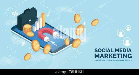 Business di successo e guadagnare online strategie app: valigetta, successo grafico finanziario e il magnete per attrarre denaro su uno smartphone displ digitale Illustrazione Vettoriale