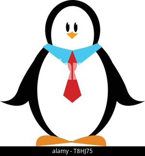Un simpatico in bianco e nero penguin indossando una cravatta rossa, il vettore, il colore di disegno o illustrazione. Illustrazione Vettoriale