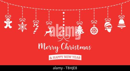 Natale icone appeso sulla linea rosso bianco Illustrazione Vettoriale