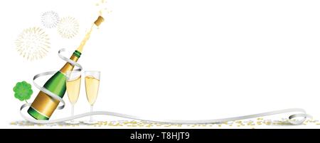Felice anno nuovo champagne fuochi d'artificio clover coriandoli banner Illustrazione Vettoriale