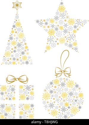 Simboli di natale a forma di fiocchi di neve e stelle Illustrazione Vettoriale