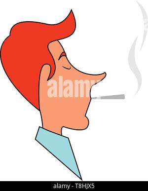 Clipart di un uomo con la maglietta blu e arancione capelli con i suoi occhi chiusi sta fumando una sigaretta bud e fumo, il vettore, il colore di disegno o Illustrazione Vettoriale