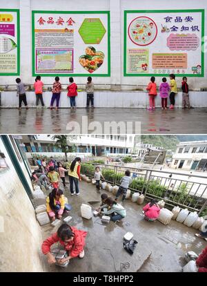 (190513) -- DAHUA, 13 maggio 2019 (Xinhua) -- Combo mostra fotografica bambini lavare il riso ciotole con acqua sorgiva il 7 maggio 2019 (superiore) e i bambini aiutano cuocere il riso con accumulo di acqua di pioggia su nov. 24, 2014(inferiore) Bahao presso la scuola primaria in Bansheng township di Dahua Yao contea autonoma, a sud della Cina di Guangxi Zhuang Regione autonoma. Serbatoi per acqua sono stati costruiti qui per contribuire ad alleviare la penuria d'acqua e fornire acqua potabile sicura. A causa di condizioni ambientali difficili come la desertificazione sassosi e rilievi montuosi, Dahua County in Guangxi è stata per lungo tempo un meno sviluppata area. Negli ultimi anni, Foto Stock