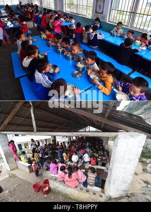 (190513) -- DAHUA, 13 maggio 2019 (Xinhua) -- Combo mostra fotografica bambini aventi un pasto presso la nuova mensa il 7 maggio 2019 (superiore) e i bambini a pranzo su nov. 24, 2014 a Bahao scuola primaria in Bansheng township di Dahua Yao contea autonoma, a sud della Cina di Guangxi Zhuang Regione autonoma. A causa di condizioni ambientali difficili come la desertificazione sassosi e rilievi montuosi, Dahua County in Guangxi è stata per lungo tempo un meno sviluppata area. Negli ultimi anni il governo locale effettuate molte misure per la riduzione della povertà. Il governo locale ha aiutato le persone a costruire strade, repa Foto Stock