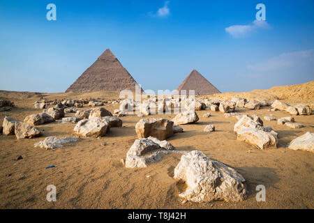 La Piramide di Giza complesso vicino al Cairo, Egitto Foto Stock