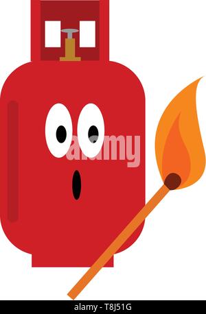 Una bombola di gas in colore rosso con un matchstick sulla fiamma , il vettore, il colore di disegno o illustrazione. Illustrazione Vettoriale
