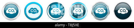 Il biossido di carbonio argento cromo metallico icone di frontiera in 6 opzioni, set di blu web pulsanti rotondi isolati su sfondo bianco Foto Stock
