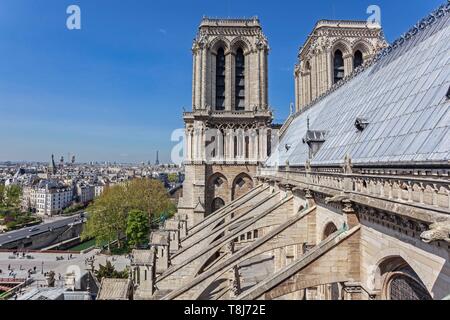 Francia, Parigi, zona elencata come patrimonio mondiale dall'UNESCO, la cattedrale di Notre Dame in città isola, i campanili e i battenti butresses Foto Stock