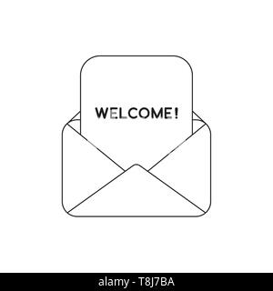 Icona vettore concetto di carta di benvenuto all'interno della busta. Contorni neri. Illustrazione Vettoriale