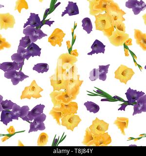 Gladioluses seamless pattern vettore isolato, spada lily fiori. Rami e fiori. Giallo, viola, viola. Floral realistico Illustrazione Vettoriale