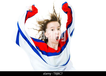 Fan di Hockey in jersey in rosso.blu colori rosso allegria, celebra il traguardo - - sfondo bianco Foto Stock