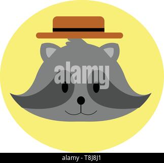 Un raccoon in sfumature di grigio radiante colori con breve orecchie indossa un marrone cappello estivo e sembra felice impostare isolato su sfondo giallo visto dal Illustrazione Vettoriale