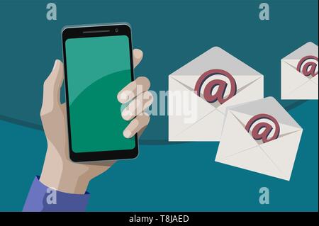 Inviare più messaggi di posta elettronica da uno smartphone. Illustrazione Vettoriale. Illustrazione Vettoriale