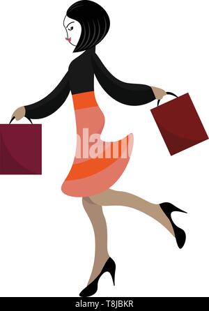 Un disegno a colori di una ragazza con le borse della spesa in mani , il vettore, il colore di disegno o illustrazione. Illustrazione Vettoriale
