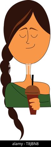 Un disegno a colori di una ragazza con tazza da caffè, il vettore, il colore di disegno o illustrazione. Illustrazione Vettoriale