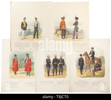 Una cartella con 91 di grandi dimensioni chromolithographs dell'esercito russo, circa 1880 raffigurazioni di ufficiali e soldati provenienti da vari reggimenti. Edizione con il titolo (tr). 'alterazioni in uniforme e attrezzature dell'esercito russo sotto l'imperatore Alexander Nikolaevich 1874-1876". Incollato all'interno varie etichette come uno dalla biblioteca del 2° Brigata di artiglieria. Prevalentemente buone condizioni. A pochi fogli macchiati o tagliare i bordi parzialmente danneggiato. Dimensione dei fogli per lo più di 46 x 34 cm. Rare. storica, storica del XIX secolo, Additional-Rights-Clearance-Info-Not-Available Foto Stock