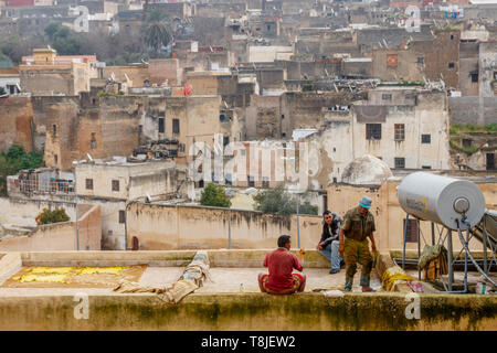 Lavoratori la preparazione di pelli colorate con lo zafferano in un tetto della conceria Chouara con le case della vecchia medina in background. Fez, in Marocco. Foto Stock