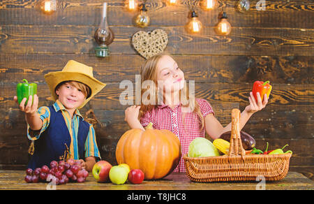 Agricoltura insegna ai bambini dove il loro cibo proviene da. Azienda agricola a conduzione familiare. I fratelli avendo divertimento. Bambini presentando farm raccolto lo sfondo di legno. Mercato di fattoria. Gli agricoltori per bambini ragazza ragazzo verdure raccolto. Foto Stock