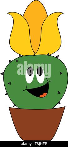 Un disegno di un sorridenti cactus verde con fiore giallo sulla parte superiore in una pentola di marrone., il vettore, il colore di disegno o illustrazione. Illustrazione Vettoriale