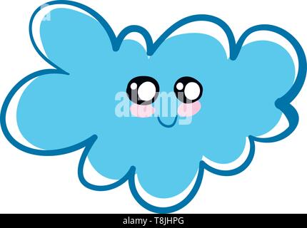 Un azzurro soffice nuvola con un volto sorridente, in bianco e nero gli occhi, guance rosa e blu a labbro., il vettore, il colore di disegno o illustrazione. Illustrazione Vettoriale