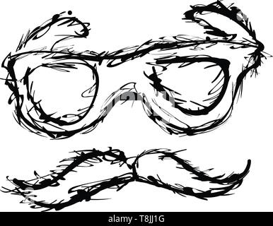 Occhiali con i baffi disegnati in bianco e nero, il vettore, il colore di disegno o illustrazione. Illustrazione Vettoriale