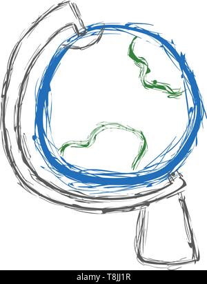 Globo sferica in colore blu e verde su un grigio argento o stand grezzi schizzo, il vettore, il colore di disegno o illustrazione. Illustrazione Vettoriale