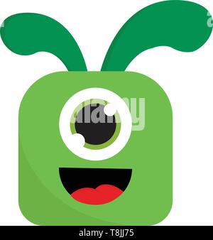 Un mostro verde con un grande occhio, con lingua rossa, con due antenne, la bocca aperta, il vettore, il colore di disegno o illustrazione. Illustrazione Vettoriale