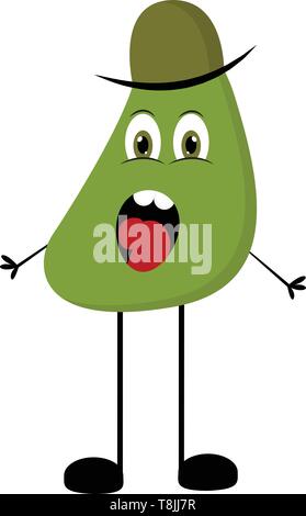 Un verde urlando monster con cappello verde, con due grandi occhi, bocca aperta con due denti e una lingua rossa, con due mani e due piedi, vettore, colore Illustrazione Vettoriale