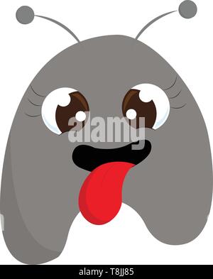 Una ragazza di colore grigio monster con grandi occhi, lingua rossa, aprire bocca, con due antenne, il vettore, il colore di disegno o illustrazione. Illustrazione Vettoriale