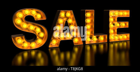 Vendita cartello da golden lampadina lettere, retro incandescente font. Il rendering 3D Foto Stock