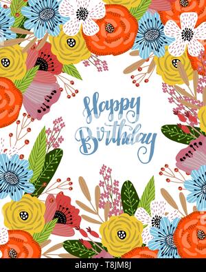 Biglietto di auguri di compleanno con simpatico disegno a mano luminoso bouquet di fiori, vettore Illustrazione Vettoriale