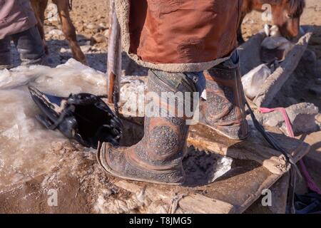 Mongolia Mongolia Est, area di steppa, pastori Mongoli in abiti tradizionali venite fuori del bene acqua nel mezzo dell'inverno per dare i cavalli un drink Foto Stock