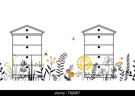 Natura del vettore senza cuciture con sfondo disegnato a mano le erbe selvatiche, fiori e foglie sul bianco. Doodle stile floreale fumetto illustrazione. Vettore Illustrazione Vettoriale