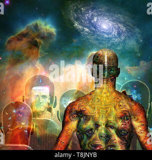 Il surrealismo. Delle teste degli uomini con opinioni diverse all'interno. La figura di uomo con strani occhi demoniaci sulla sua pelle sta prima di vivida universo. Il rendering 3D Foto Stock
