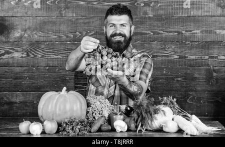 Uve dal proprio giardino. Concetto di agricoltura. Agricoltore orgogliosi del raccolto di uve. Man tenere uve sfondo di legno. Verdure raccolto organico. Agricoltore barbuto ragazzo con homegrown raccolto sulla tavola uve attesa. Foto Stock