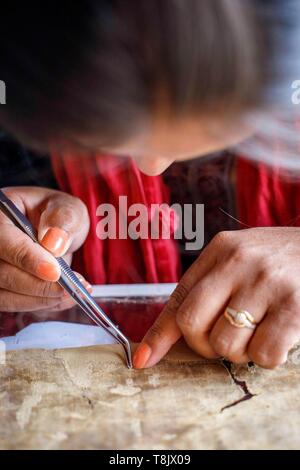 India, stato di Jammu e Kashmir, Himalaya, Ladakh, Indus Valle, Matho monastero (gompa), nel laboratorio di restauro di una donna dal villaggio di Matho si prende cura di rinforzo di un thangka dalle incrostazioni di tessuto, tessuto questi dipinti rappresentano di solito una divinità buddista Foto Stock