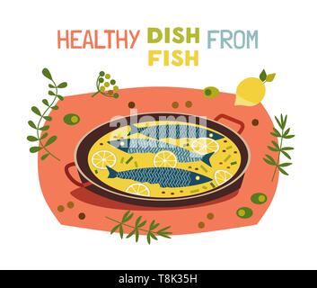 Piatto mano disegnata pesce vettoriale cottura Illustrazione Vettoriale