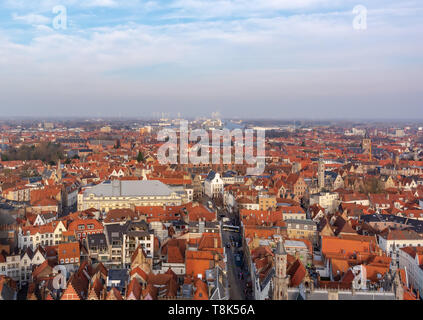 Bruges fantastico skyline della città con tetti di tegole rosse e numerose chiese' torri nella soleggiata giornata invernale. Vista di Bruges paesaggio urbano medievale dalla parte superiore Foto Stock