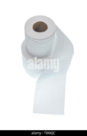 Colpo verticale di due rotoli di carta igienica impilati uno sull'altro. Isolato su bianco con copia spazio. Foto Stock