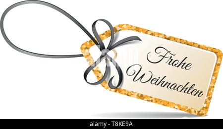 Buon Natale tag con golden glitter e nastro nero Illustrazione Vettoriale