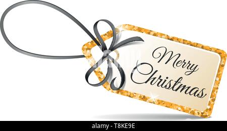 Buon Natale tag con golden glitter e nastro nero Illustrazione Vettoriale