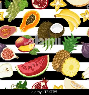 Modello senza cuciture con frutta tropicale su un bianco e sfondo nero. Illustrazione di vettore per il tuo design Illustrazione Vettoriale