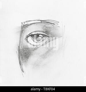 Schizzo di una parte del volto umano con occhio disegnati a mano dalla matita nera su carta bianca Foto Stock