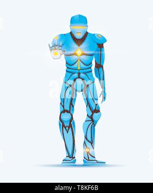 Elegante uomo cyborg. Robot umanoide con intelligenza artificiale, IA. carattere mostra gesti. Android maschio, futuristico illustrazione vettoriale in cartoon Illustrazione Vettoriale
