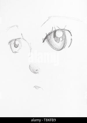 Schizzo di anime femmina faccia con grandi occhi disegnati a mano dalla matita nera su carta bianca Foto Stock