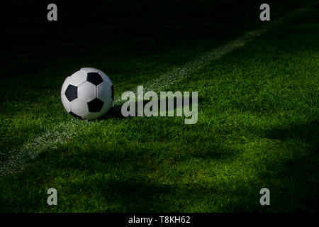 Bianco e nero pallone da calcio sul verde soccer pitch Foto Stock