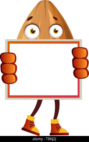 Almond ha scheda bianca nelle sue mani, illustrazione vettore su sfondo bianco. Illustrazione Vettoriale