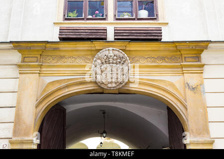 Brandeburgo stemma sopra la chiave di volta della casa Eggenberg in Sopron, Ungheria Foto Stock