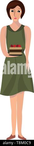 Una donna con torta. La donna indossa una colorata verde abito senza maniche, il vettore, il colore di disegno o illustrazione. Illustrazione Vettoriale